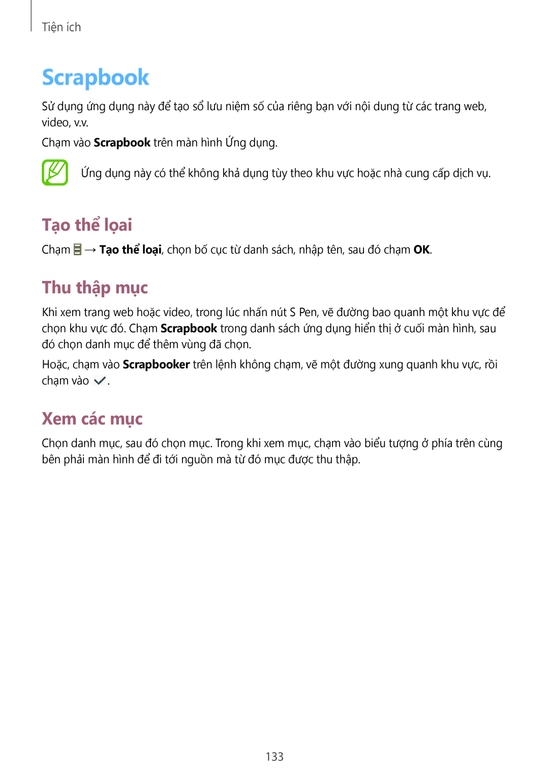 Samsung SM-N7500ZKAXXV, SM-N7500ZWAXXV manual Scrapbook, Tạo thể lọai, Thu thập mục, Xem các mục, 133 