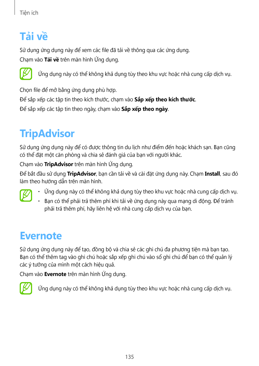 Samsung SM-N7500ZKAXXV, SM-N7500ZWAXXV manual Tải về, TripAdvisor, Evernote, 135 
