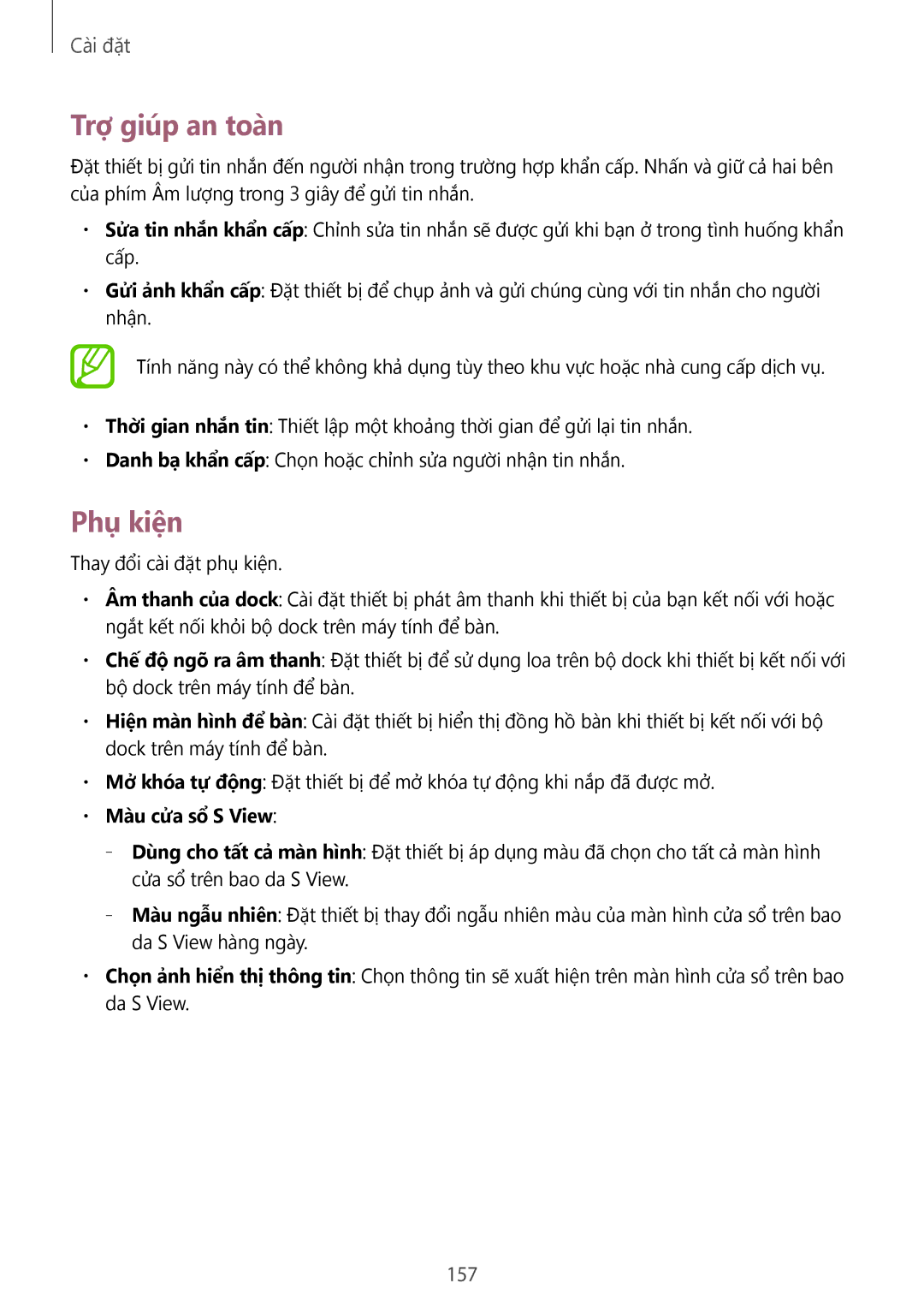 Samsung SM-N7500ZKAXXV, SM-N7500ZWAXXV manual Trợ giúp an toàn, Phụ kiện, 157, Màu cửa sổ S View 