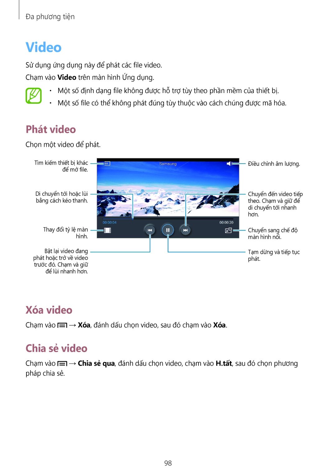 Samsung SM-N7500ZWAXXV, SM-N7500ZKAXXV manual Video, Xóa video, Chia sẻ video 