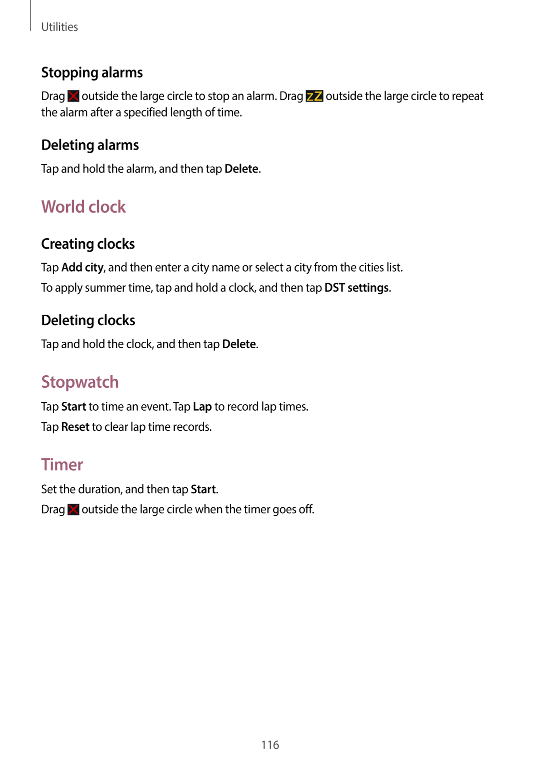 Samsung SM-N7502ZWAKSA, SM-N7502ZGATHR, SM-N7502ZGAXSG, SM-N7502ZKAACR, SM-N7502ZKAAFR manual World clock, Stopwatch, Timer 