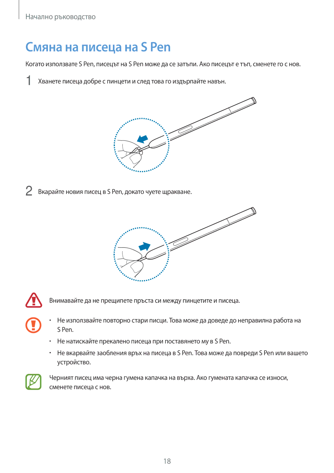 Samsung SM-N7505ZKABGL, SM-N7505ZWABGL manual Смяна на писеца на S Pen 