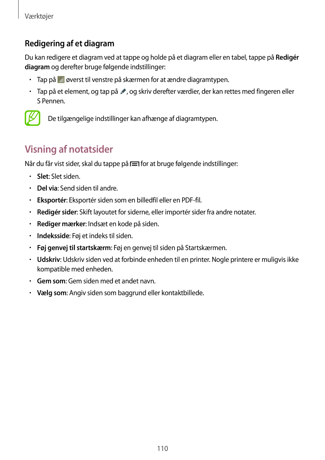 Samsung SM-N7505ZWANEE, SM-N7505ZKANEE, SM-N7505ZGANEE manual Visning af notatsider, Redigering af et diagram 