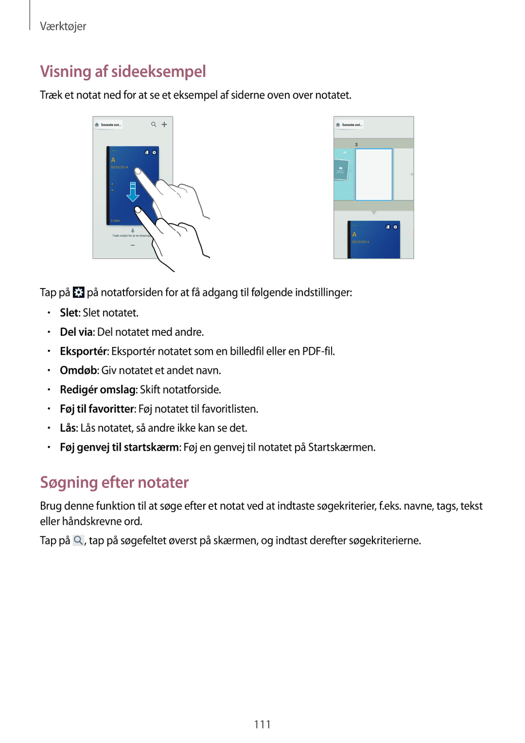 Samsung SM-N7505ZKANEE, SM-N7505ZGANEE, SM-N7505ZWANEE manual Visning af sideeksempel, Søgning efter notater 