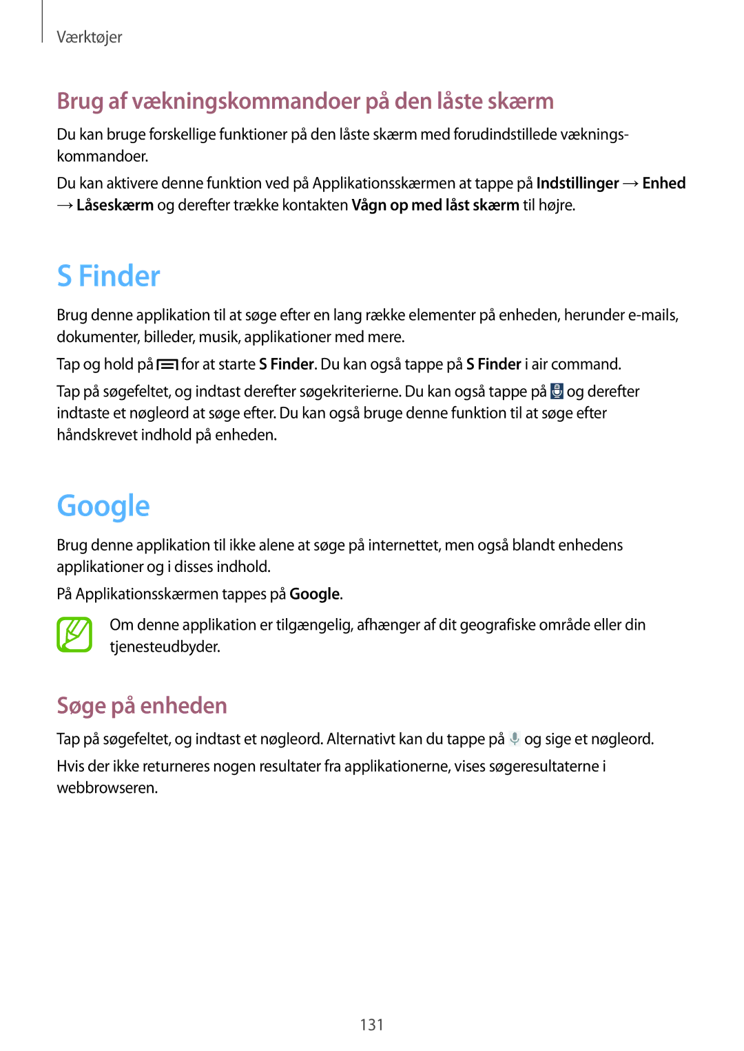 Samsung SM-N7505ZWANEE, SM-N7505ZKANEE manual Finder, Google, Brug af vækningskommandoer på den låste skærm, Søge på enheden 