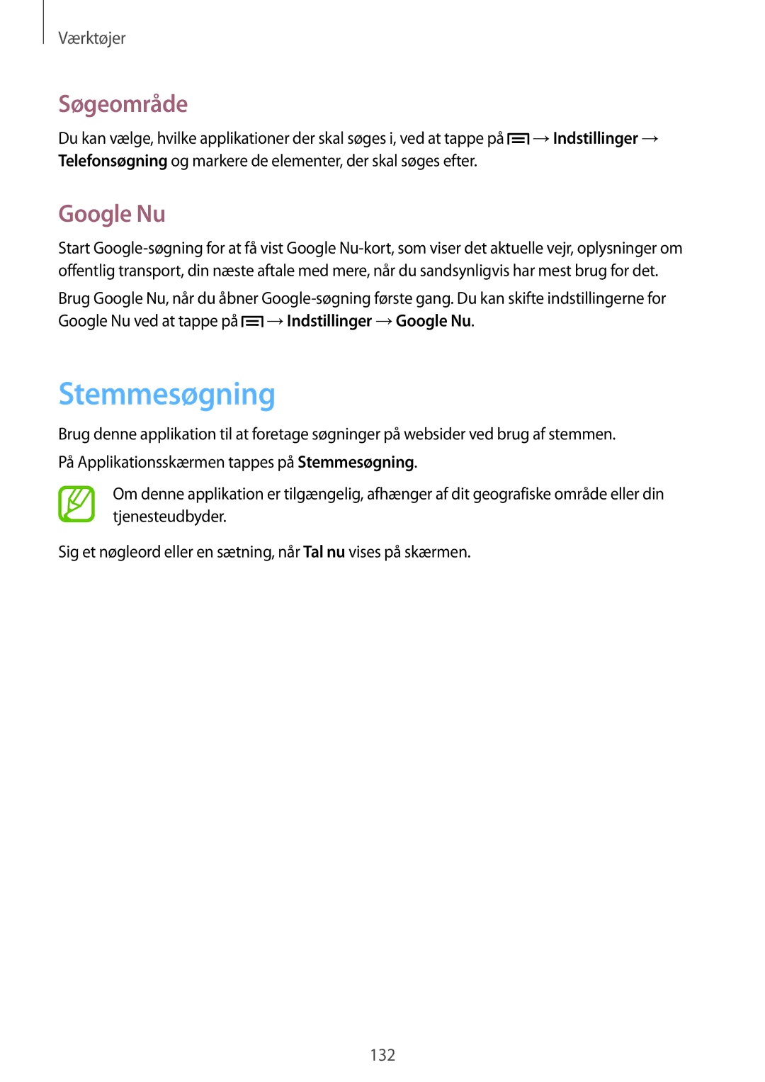 Samsung SM-N7505ZKANEE, SM-N7505ZGANEE, SM-N7505ZWANEE manual Stemmesøgning, Søgeområde, Google Nu 