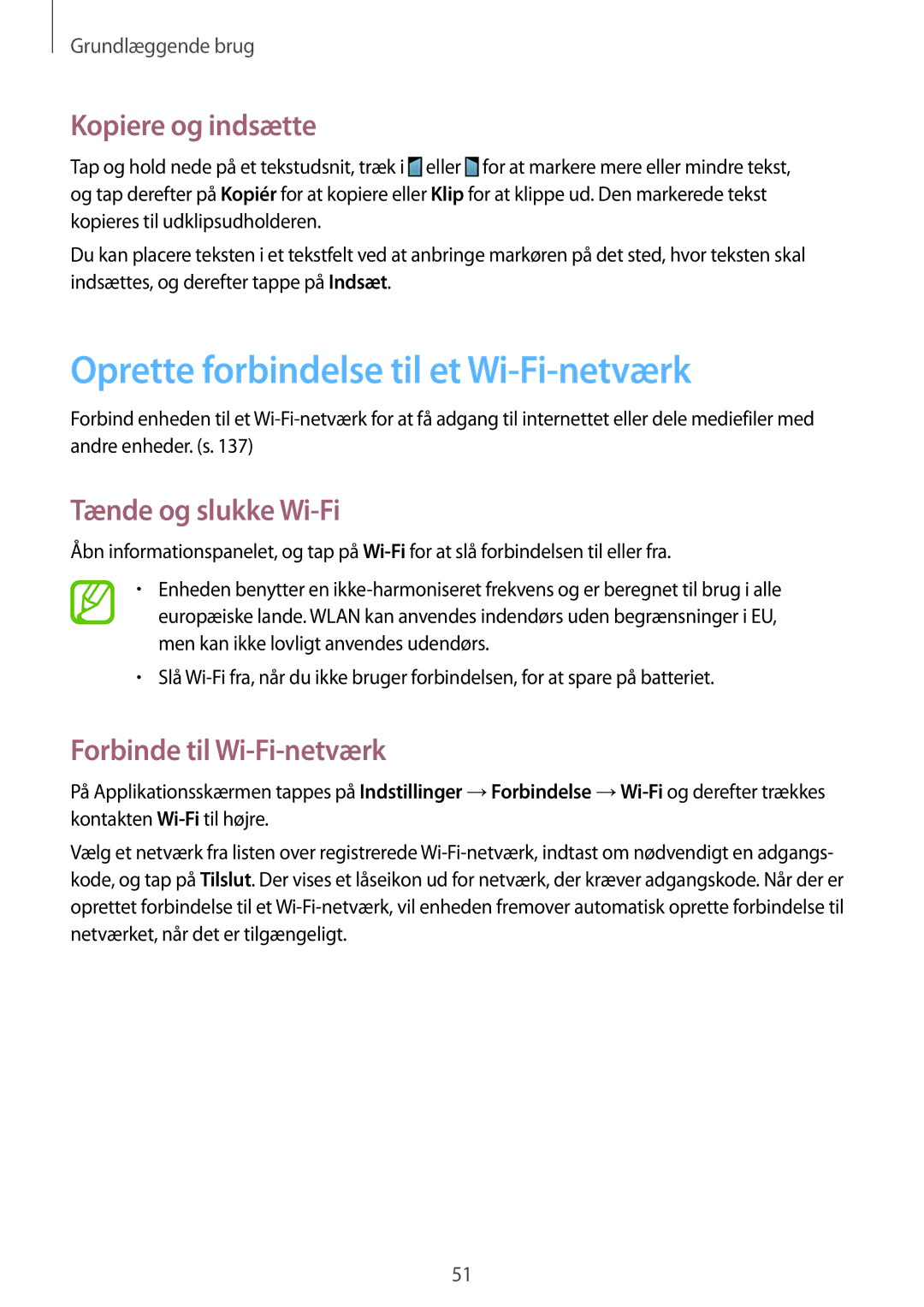 Samsung SM-N7505ZKANEE manual Oprette forbindelse til et Wi-Fi-netværk, Kopiere og indsætte, Tænde og slukke Wi-Fi 