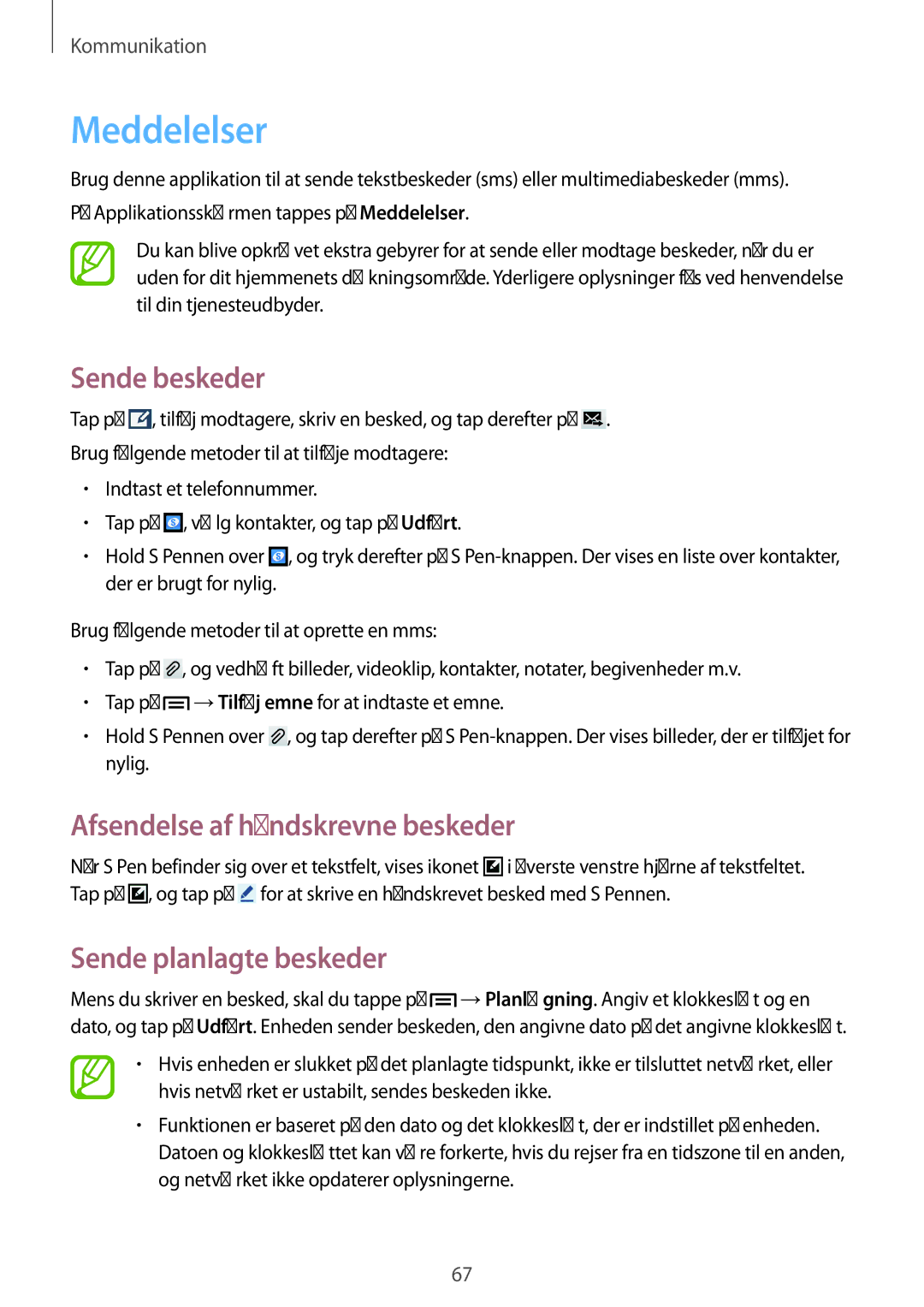 Samsung SM-N7505ZGANEE manual Meddelelser, Sende beskeder, Afsendelse af håndskrevne beskeder, Sende planlagte beskeder 