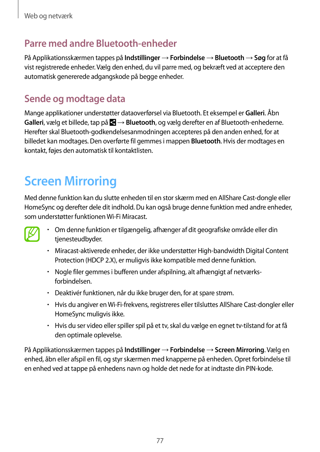 Samsung SM-N7505ZWANEE, SM-N7505ZKANEE manual Screen Mirroring, Parre med andre Bluetooth-enheder, Sende og modtage data 