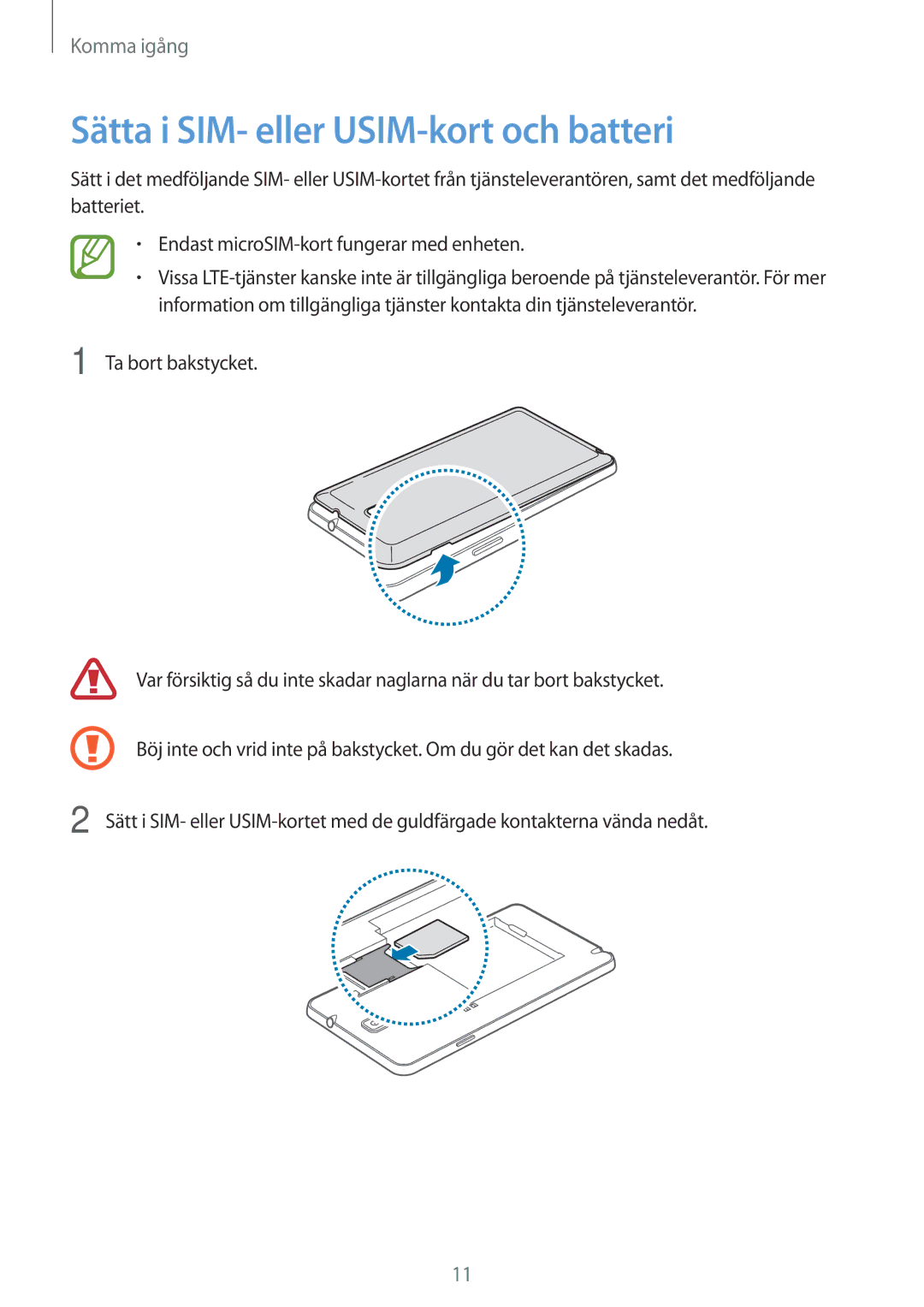 Samsung SM-N7505ZWANEE, SM-N7505ZKANEE, SM-N7505ZGANEE manual Sätta i SIM- eller USIM-kort och batteri 