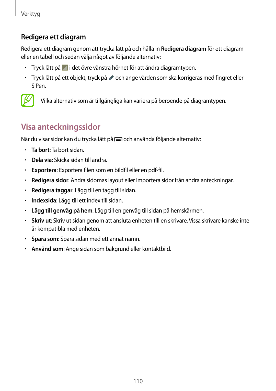 Samsung SM-N7505ZWANEE, SM-N7505ZKANEE, SM-N7505ZGANEE manual Visa anteckningssidor, Redigera ett diagram 