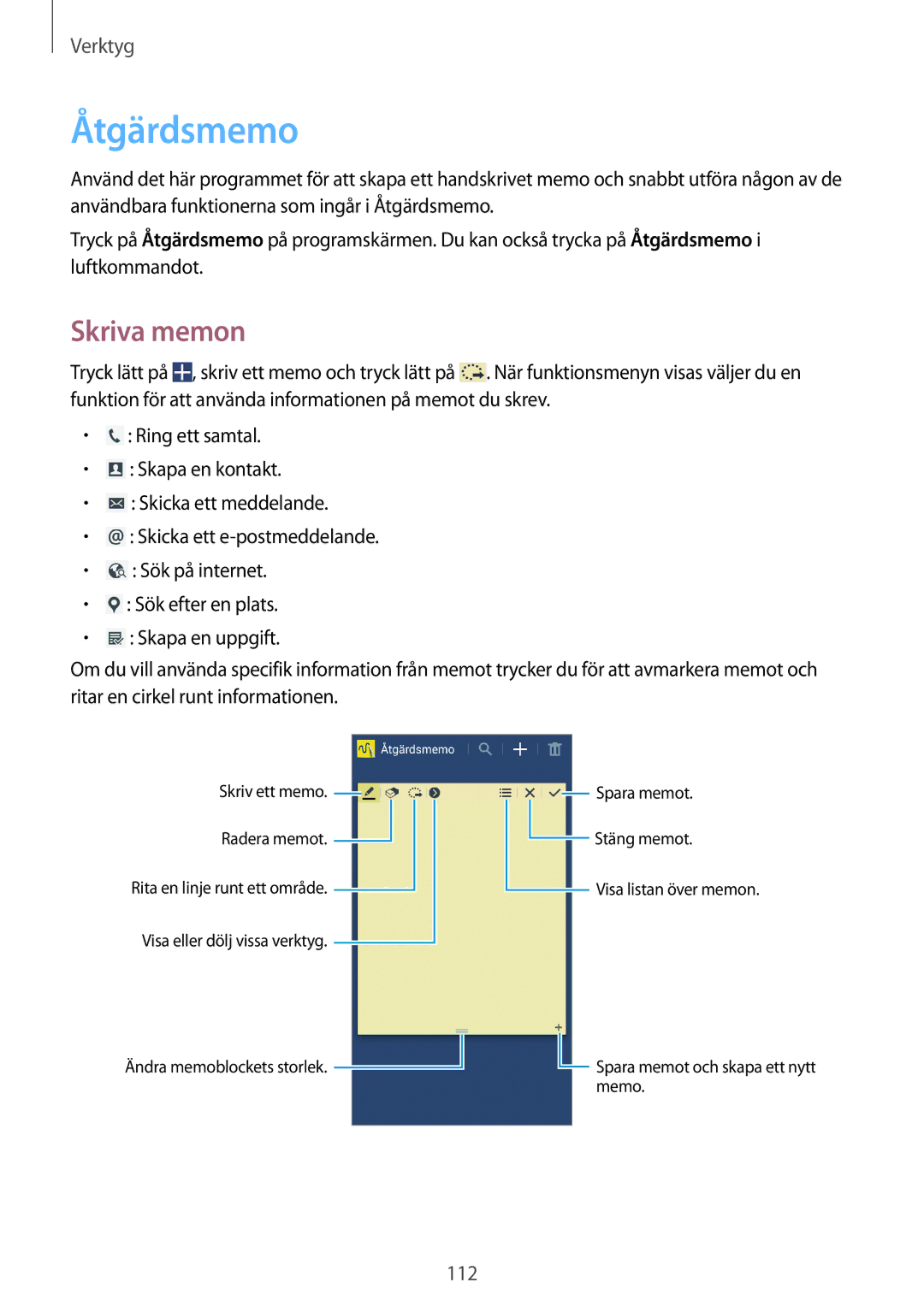 Samsung SM-N7505ZGANEE, SM-N7505ZKANEE, SM-N7505ZWANEE manual Åtgärdsmemo, Skriva memon 