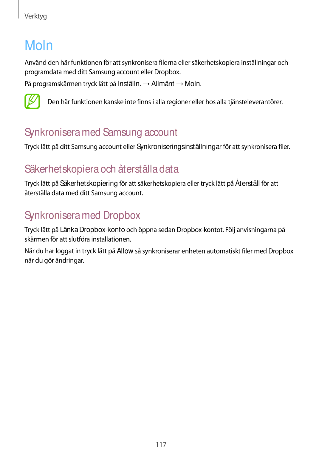 Samsung SM-N7505ZKANEE, SM-N7505ZGANEE manual Moln, Synkronisera med Samsung account, Säkerhetskopiera och återställa data 