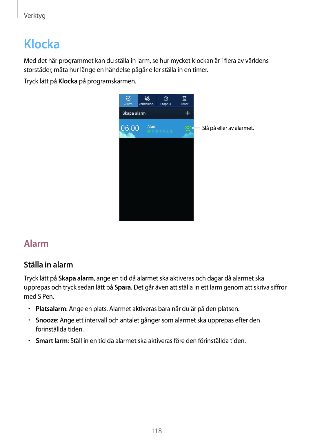 Samsung SM-N7505ZGANEE, SM-N7505ZKANEE, SM-N7505ZWANEE manual Klocka, Alarm, Ställa in alarm 