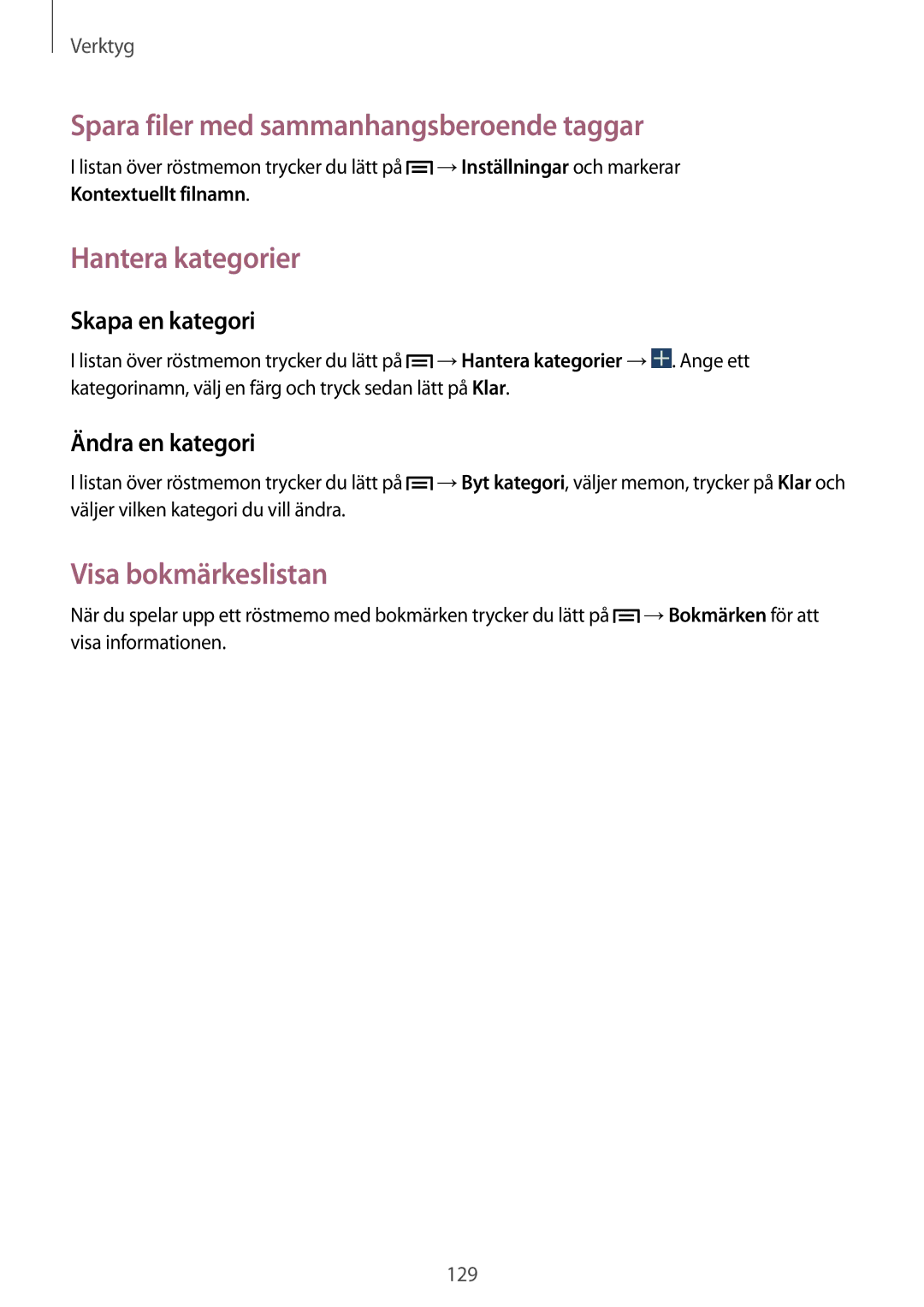 Samsung SM-N7505ZKANEE manual Spara filer med sammanhangsberoende taggar, Hantera kategorier, Visa bokmärkeslistan 