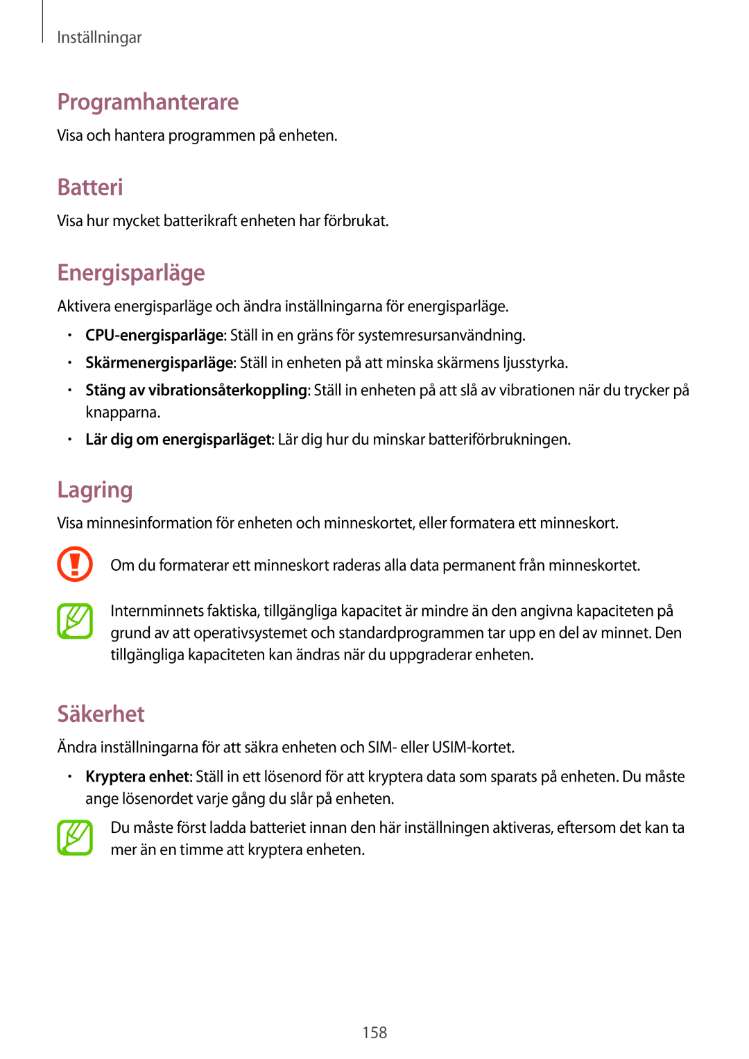 Samsung SM-N7505ZWANEE, SM-N7505ZKANEE, SM-N7505ZGANEE manual Programhanterare, Batteri, Energisparläge, Lagring, Säkerhet 