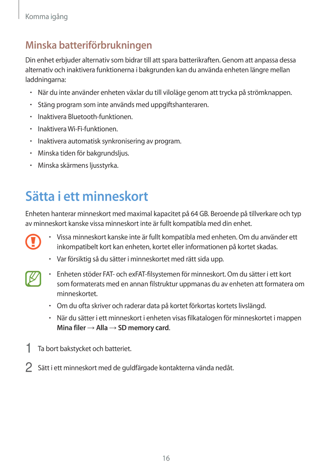 Samsung SM-N7505ZGANEE, SM-N7505ZKANEE, SM-N7505ZWANEE manual Sätta i ett minneskort, Minska batteriförbrukningen 