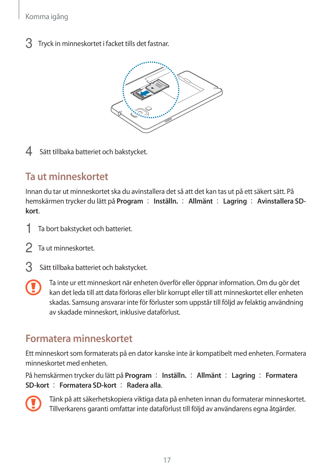 Samsung SM-N7505ZWANEE, SM-N7505ZKANEE, SM-N7505ZGANEE manual Ta ut minneskortet, Formatera minneskortet 