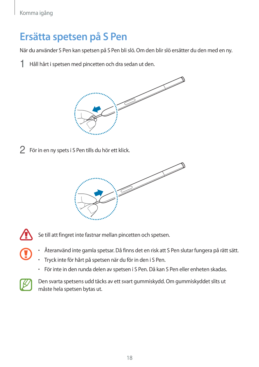 Samsung SM-N7505ZKANEE, SM-N7505ZGANEE, SM-N7505ZWANEE manual Ersätta spetsen på S Pen 