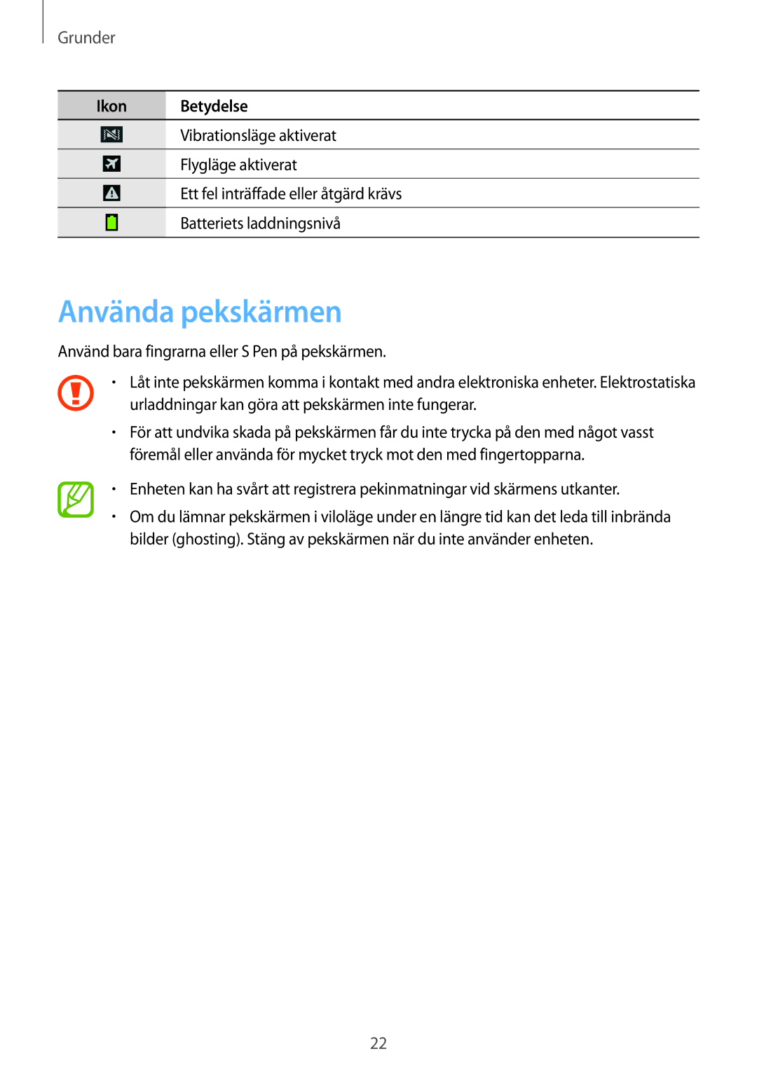 Samsung SM-N7505ZGANEE, SM-N7505ZKANEE, SM-N7505ZWANEE manual Använda pekskärmen, Grunder 