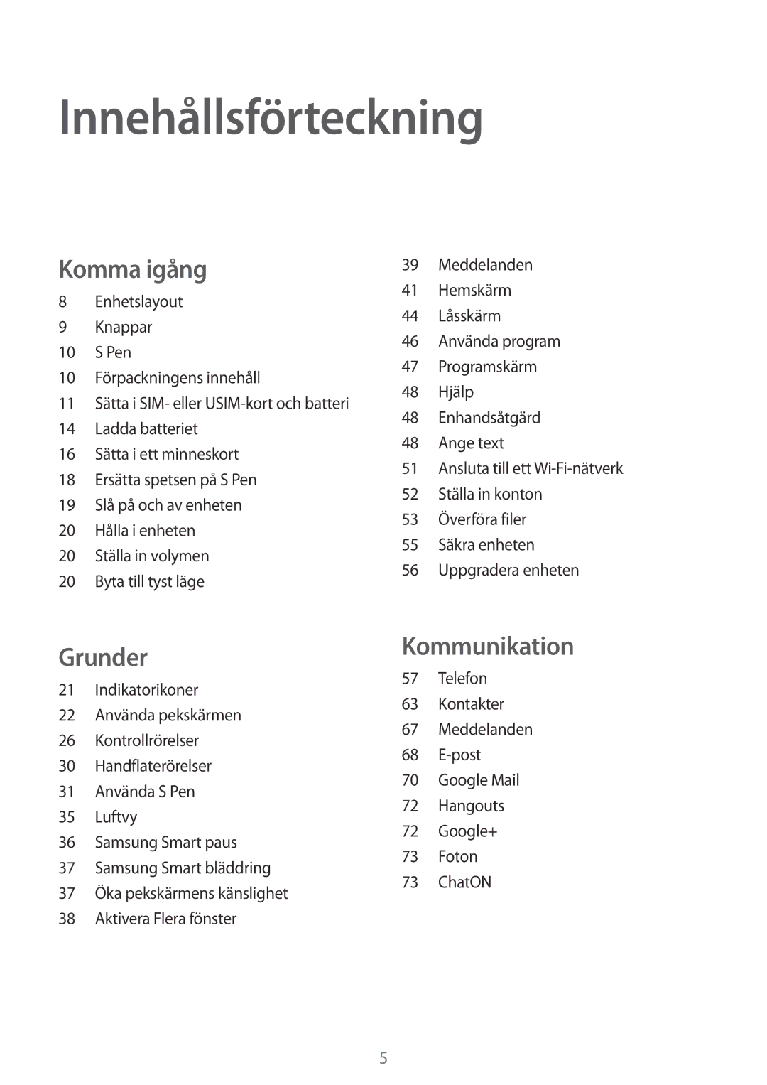 Samsung SM-N7505ZWANEE, SM-N7505ZKANEE, SM-N7505ZGANEE manual Innehållsförteckning, Komma igång 