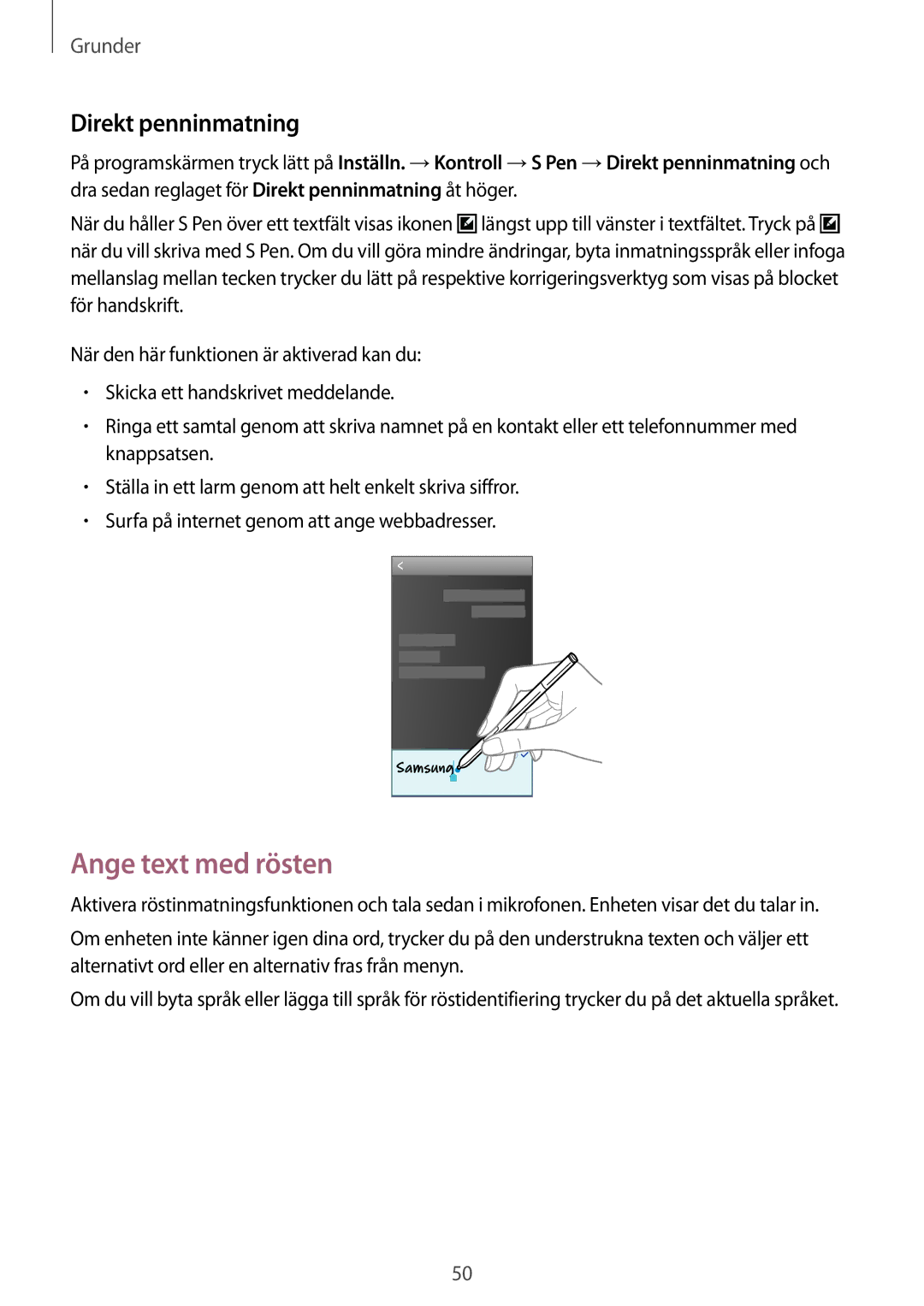 Samsung SM-N7505ZWANEE, SM-N7505ZKANEE, SM-N7505ZGANEE manual Ange text med rösten, Direkt penninmatning 