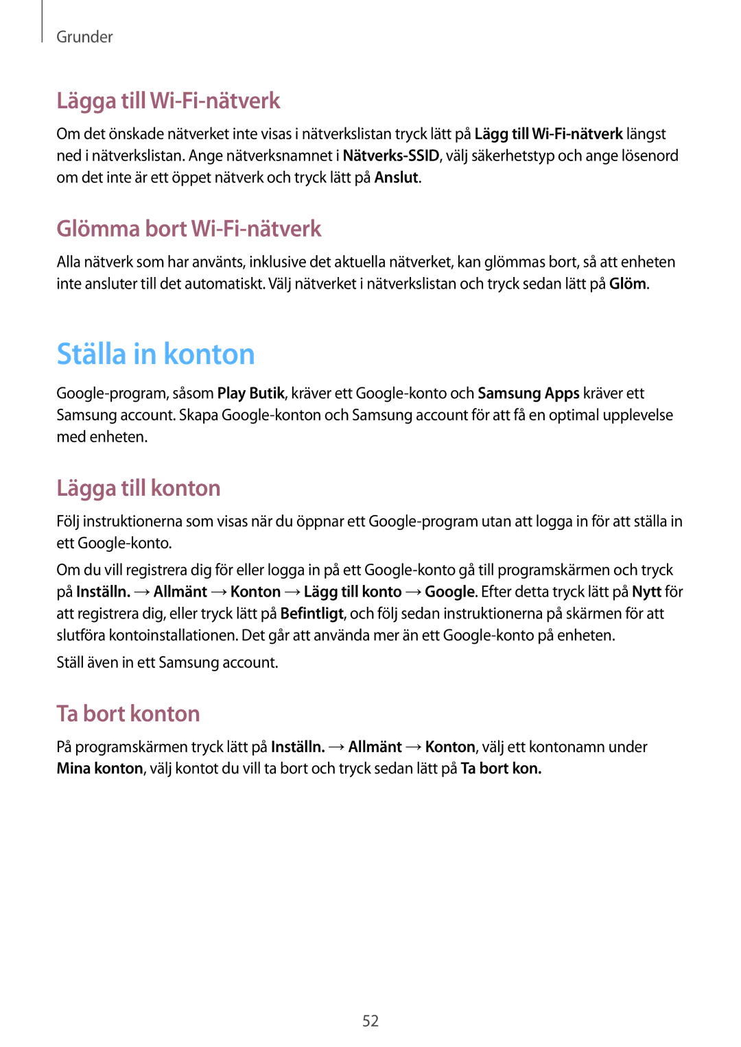 Samsung SM-N7505ZGANEE manual Ställa in konton, Lägga till Wi-Fi-nätverk, Glömma bort Wi-Fi-nätverk, Lägga till konton 