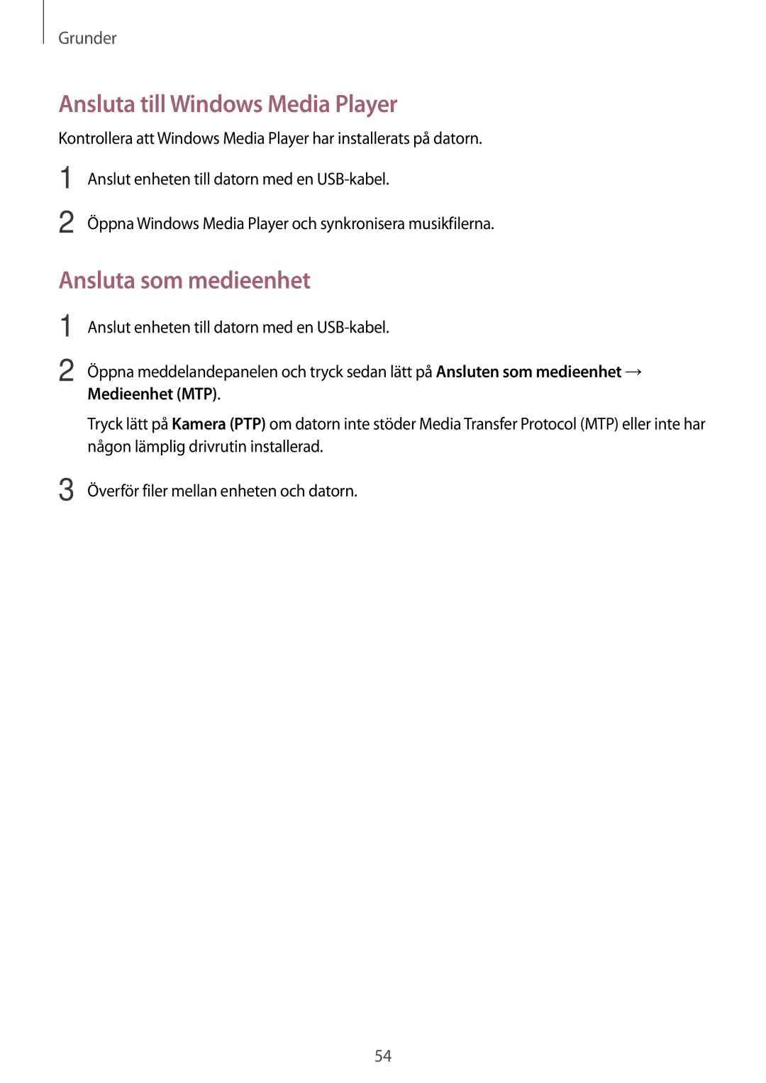 Samsung SM-N7505ZKANEE, SM-N7505ZGANEE manual Ansluta till Windows Media Player, Ansluta som medieenhet, Medieenhet MTP 