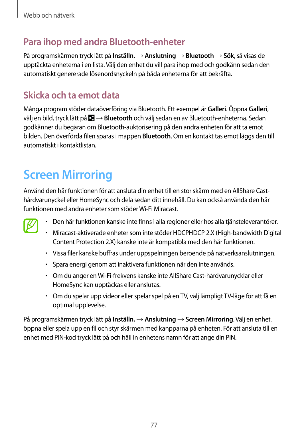 Samsung SM-N7505ZWANEE, SM-N7505ZKANEE Screen Mirroring, Para ihop med andra Bluetooth-enheter, Skicka och ta emot data 