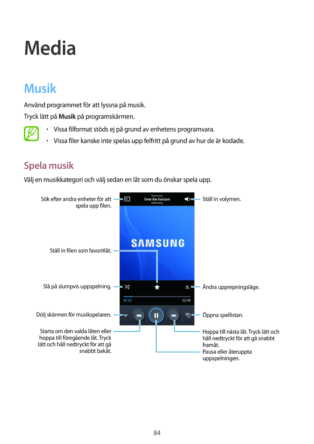 Samsung SM-N7505ZKANEE, SM-N7505ZGANEE, SM-N7505ZWANEE manual Media, Musik, Spela musik 