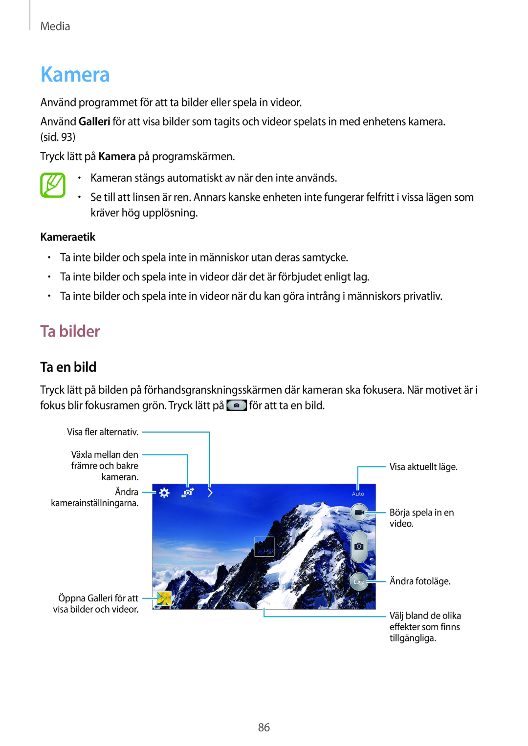 Samsung SM-N7505ZWANEE, SM-N7505ZKANEE, SM-N7505ZGANEE manual Ta bilder, Ta en bild, Kameraetik 