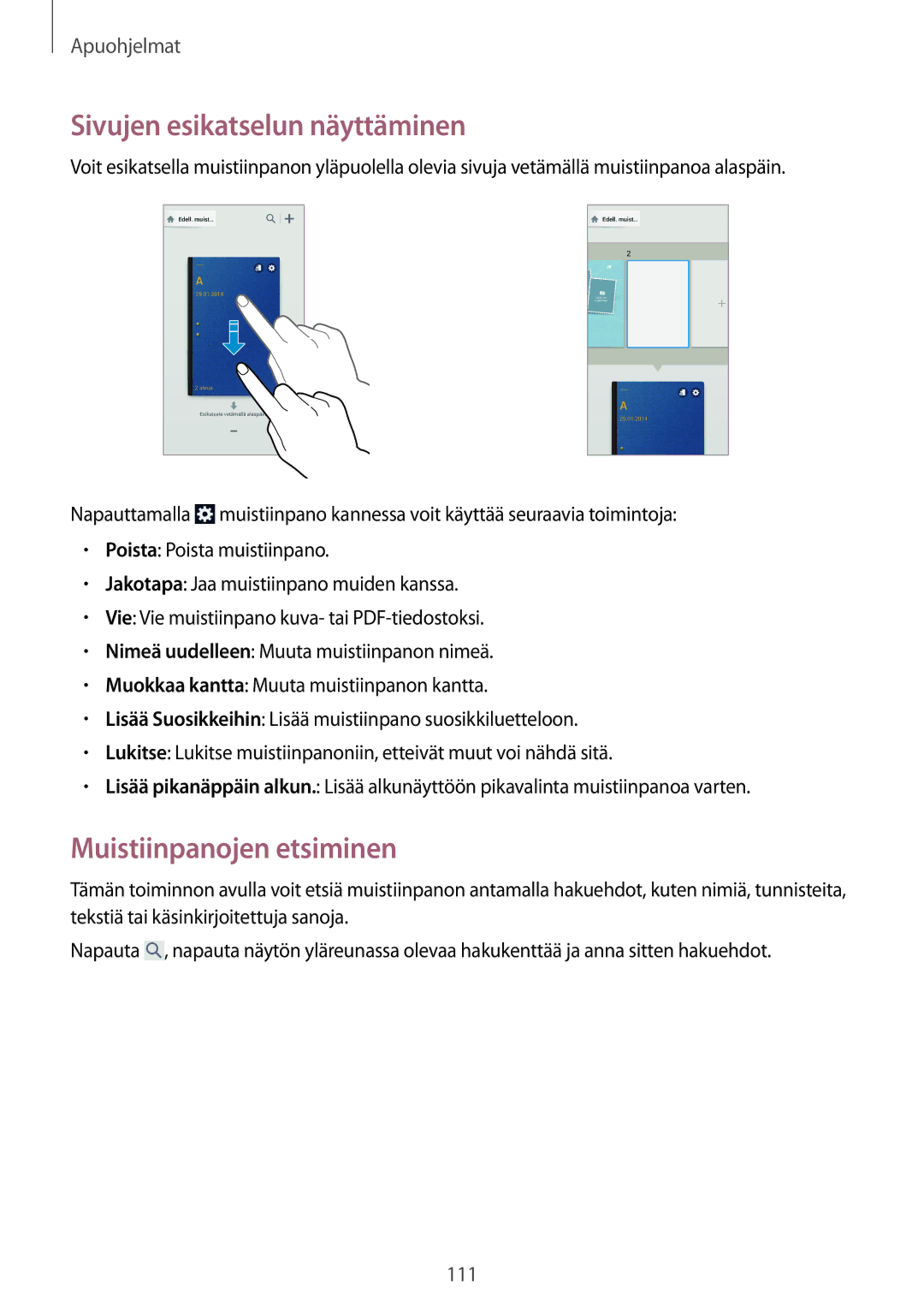 Samsung SM-N7505ZKANEE, SM-N7505ZGANEE, SM-N7505ZWANEE manual Sivujen esikatselun näyttäminen, Muistiinpanojen etsiminen 