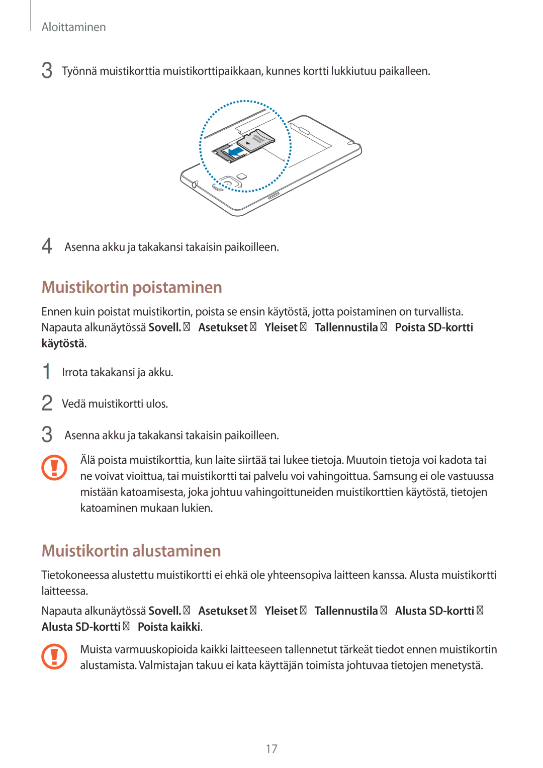 Samsung SM-N7505ZWANEE, SM-N7505ZKANEE, SM-N7505ZGANEE manual Muistikortin poistaminen, Muistikortin alustaminen, Käytöstä 