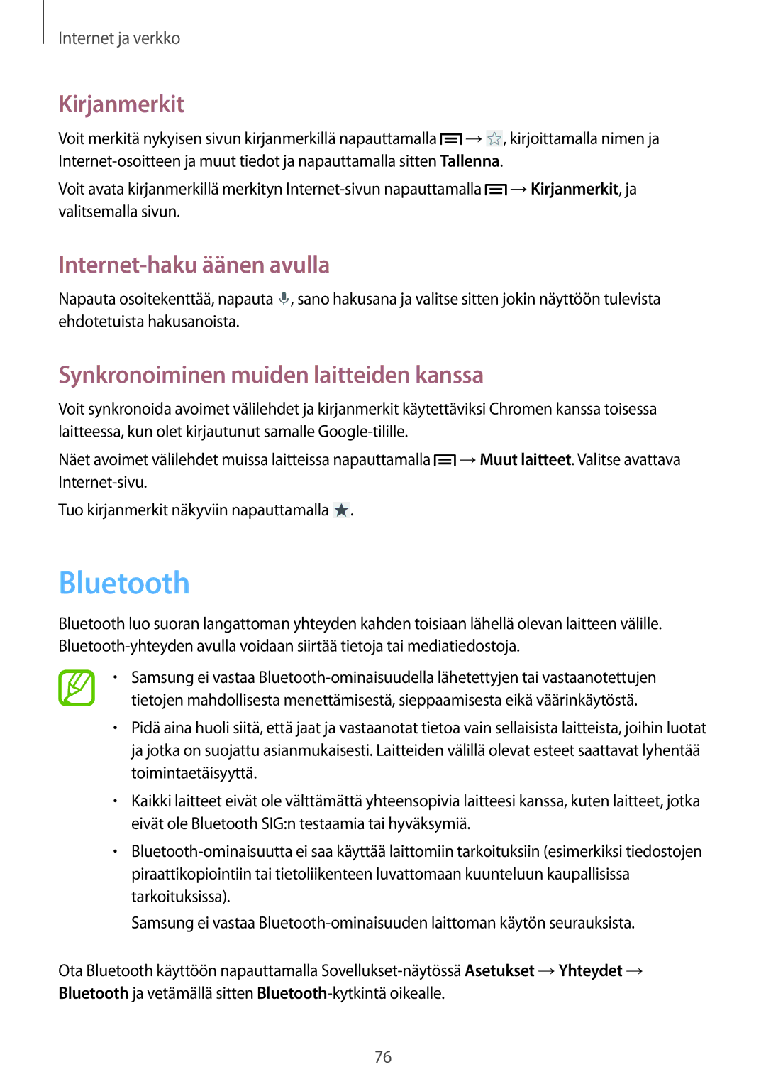 Samsung SM-N7505ZGANEE, SM-N7505ZKANEE manual Bluetooth, Internet-haku äänen avulla, Synkronoiminen muiden laitteiden kanssa 