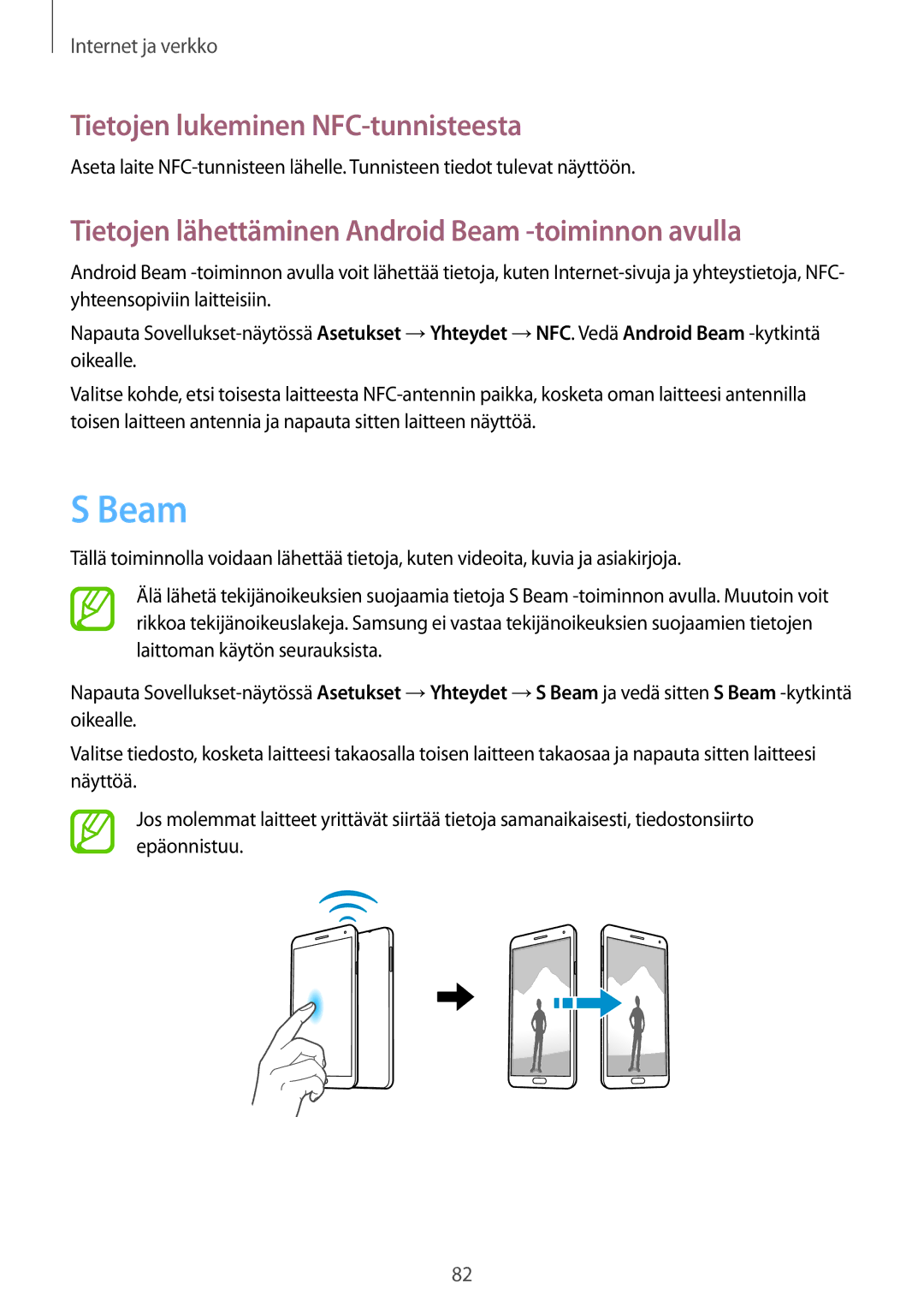 Samsung SM-N7505ZGANEE manual Tietojen lukeminen NFC-tunnisteesta, Tietojen lähettäminen Android Beam -toiminnon avulla 