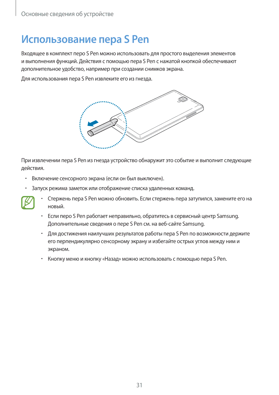 Samsung SM-N7505ZWASEB, SM-N7505ZKASEB, SM-N7505ZKASER, SM-N7505ZWASER, SM-N7505ZGASER manual Использование пера S Pen 