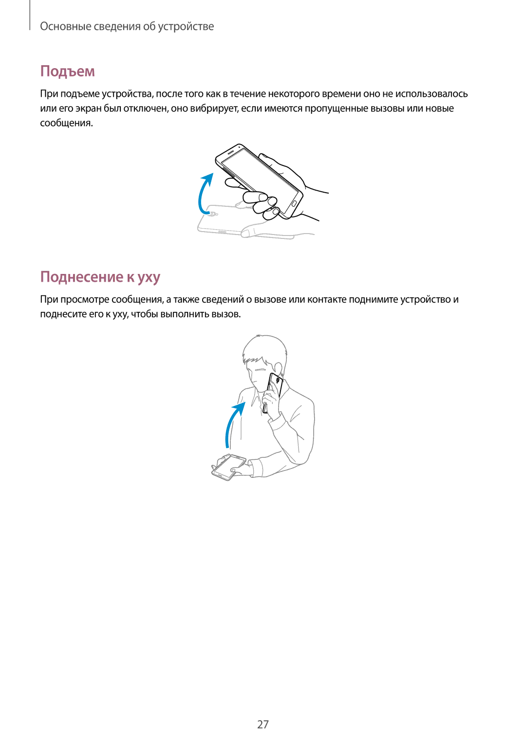 Samsung SM-N7505ZKASER, SM-N7505ZKASEB, SM-N7505ZWASEB, SM-N7505ZWASER, SM-N7505ZGASER manual Подъем, Поднесение к уху 