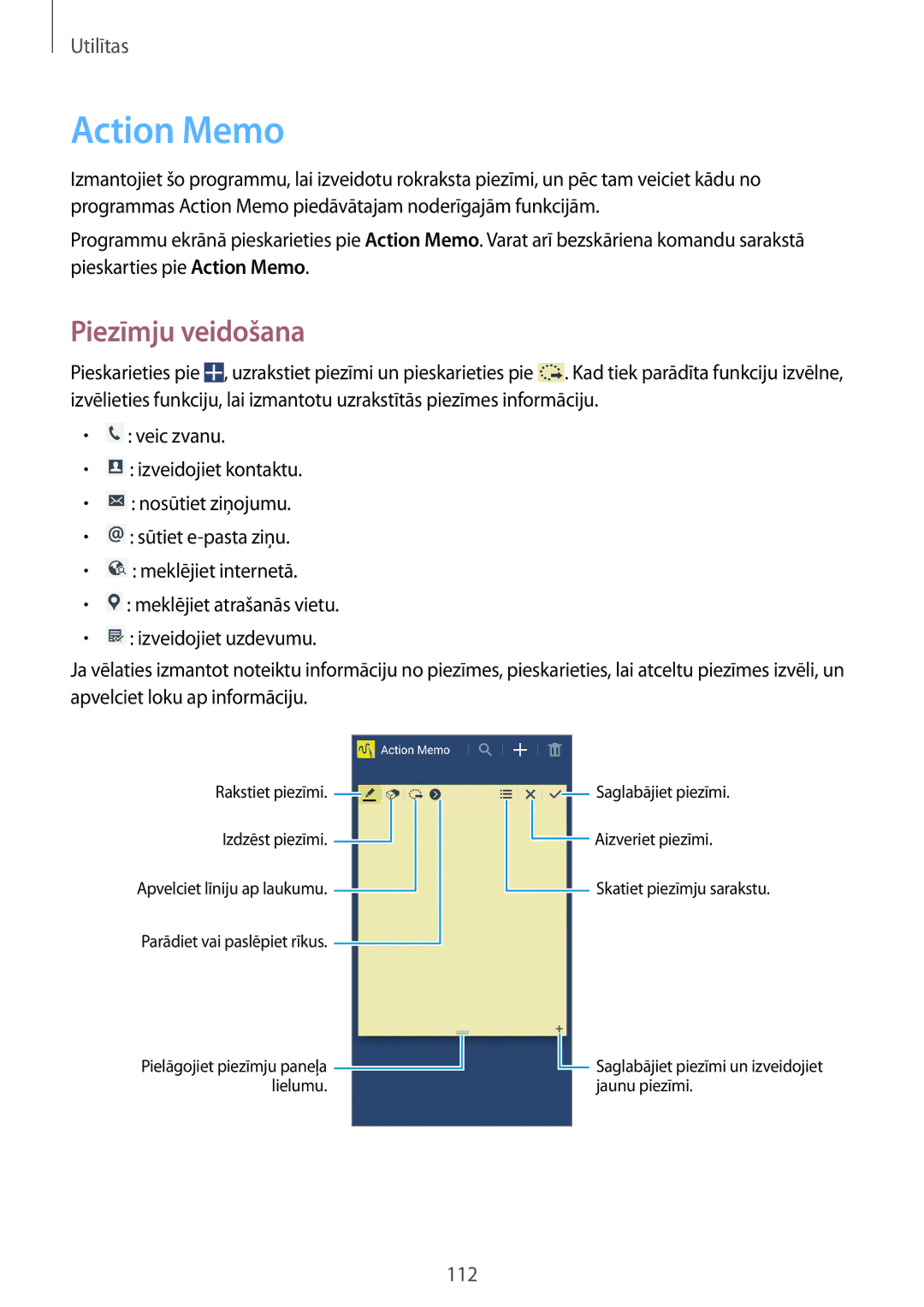 Samsung SM-N7505ZKASEB, SM-N7505ZWASEB manual Action Memo, Piezīmju veidošana 