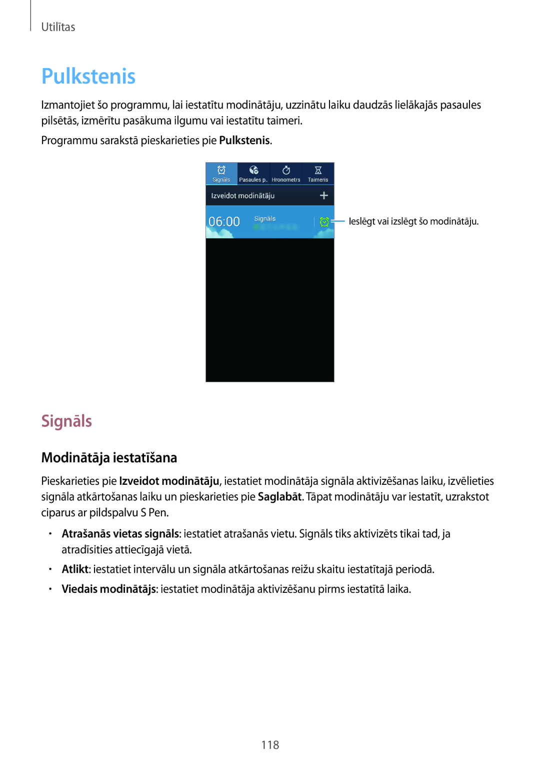 Samsung SM-N7505ZKASEB, SM-N7505ZWASEB manual Pulkstenis, Signāls, Modinātāja iestatīšana 