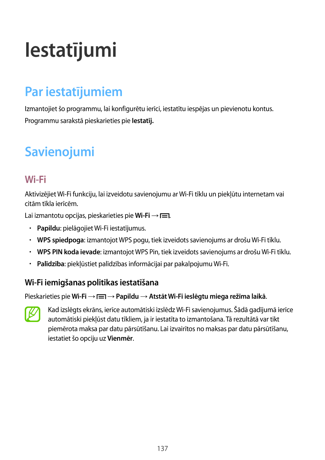 Samsung SM-N7505ZWASEB manual Iestatījumi, Par iestatījumiem, Savienojumi, Wi-Fi iemigšanas politikas iestatīšana 