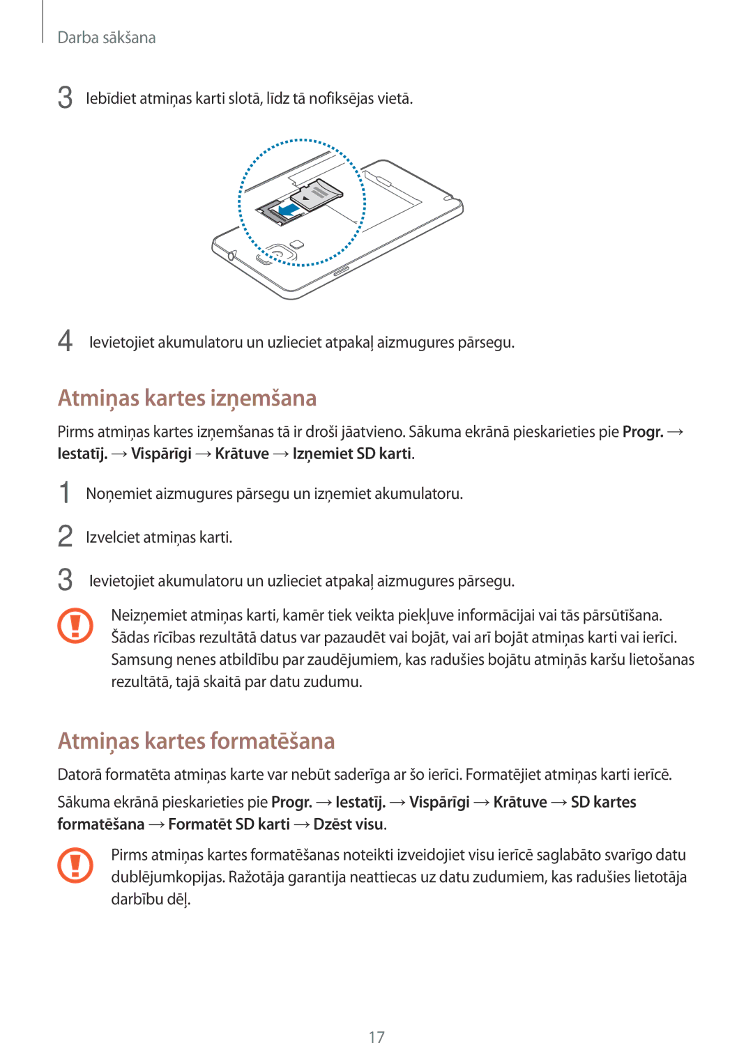 Samsung SM-N7505ZWASEB, SM-N7505ZKASEB manual Atmiņas kartes izņemšana, Atmiņas kartes formatēšana 