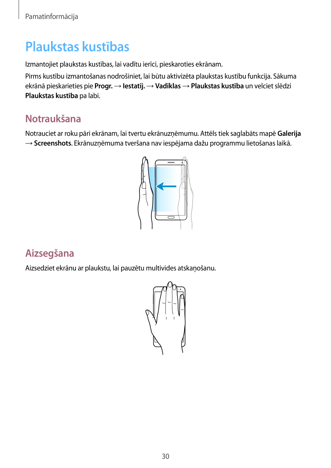 Samsung SM-N7505ZKASEB, SM-N7505ZWASEB manual Plaukstas kustības, Notraukšana, Aizsegšana 