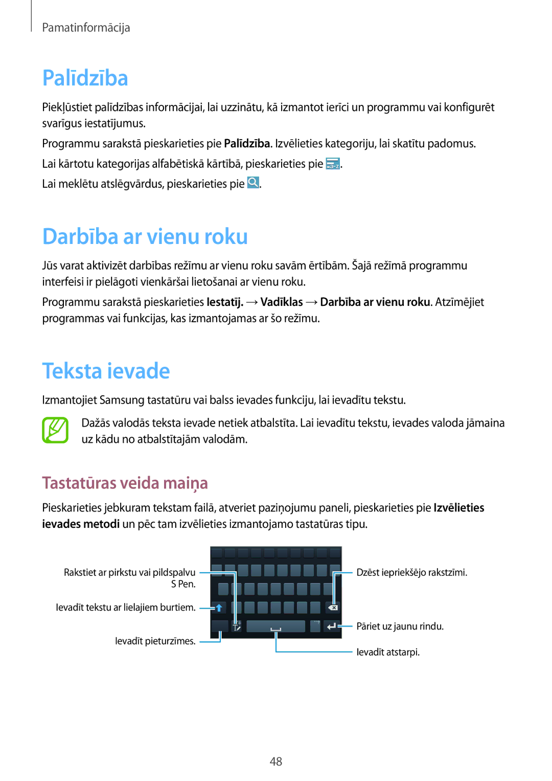 Samsung SM-N7505ZKASEB, SM-N7505ZWASEB manual Palīdzība, Darbība ar vienu roku, Teksta ievade, Tastatūras veida maiņa 