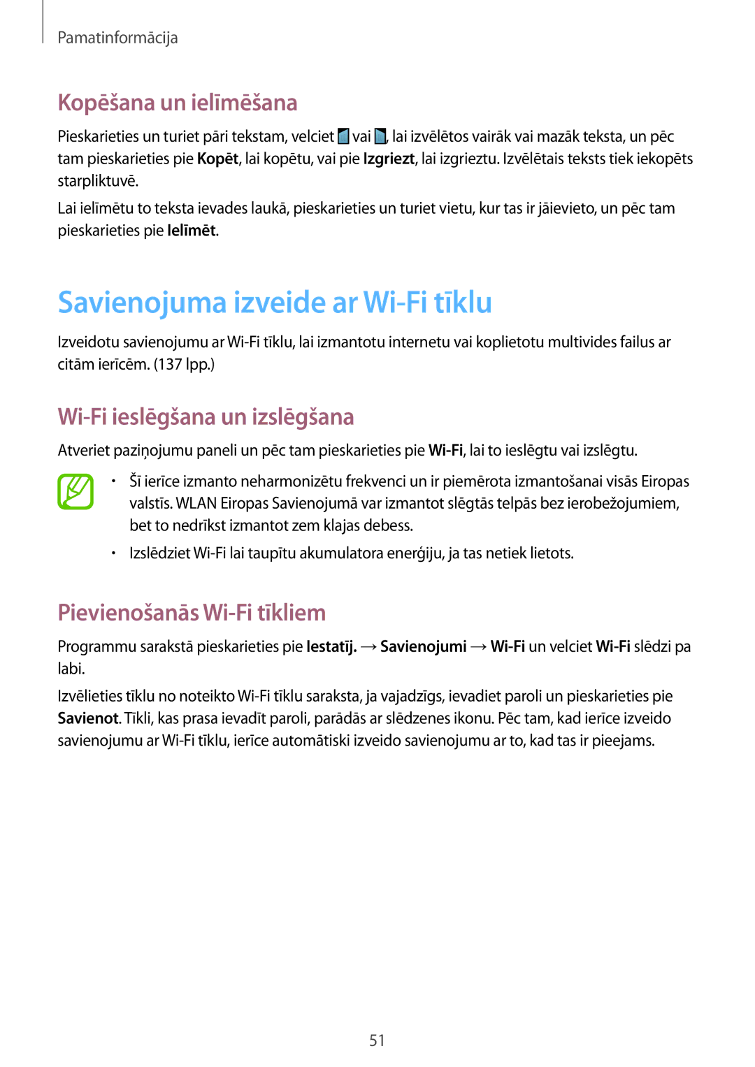 Samsung SM-N7505ZWASEB manual Savienojuma izveide ar Wi-Fi tīklu, Kopēšana un ielīmēšana, Wi-Fi ieslēgšana un izslēgšana 