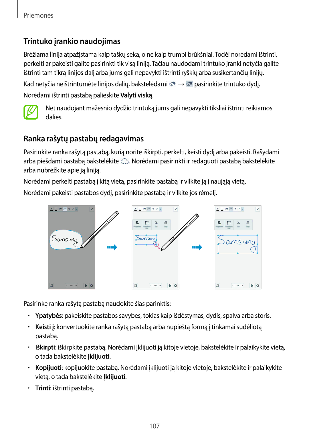 Samsung SM-N7505ZWASEB, SM-N7505ZKASEB manual Trintuko įrankio naudojimas, Ranka rašytų pastabų redagavimas 