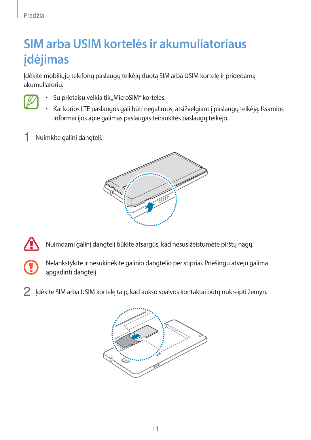 Samsung SM-N7505ZWASEB, SM-N7505ZKASEB manual SIM arba Usim kortelės ir akumuliatoriaus įdėjimas 