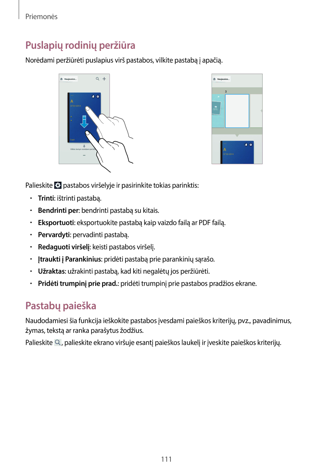 Samsung SM-N7505ZWASEB, SM-N7505ZKASEB manual Puslapių rodinių peržiūra, Pastabų paieška 