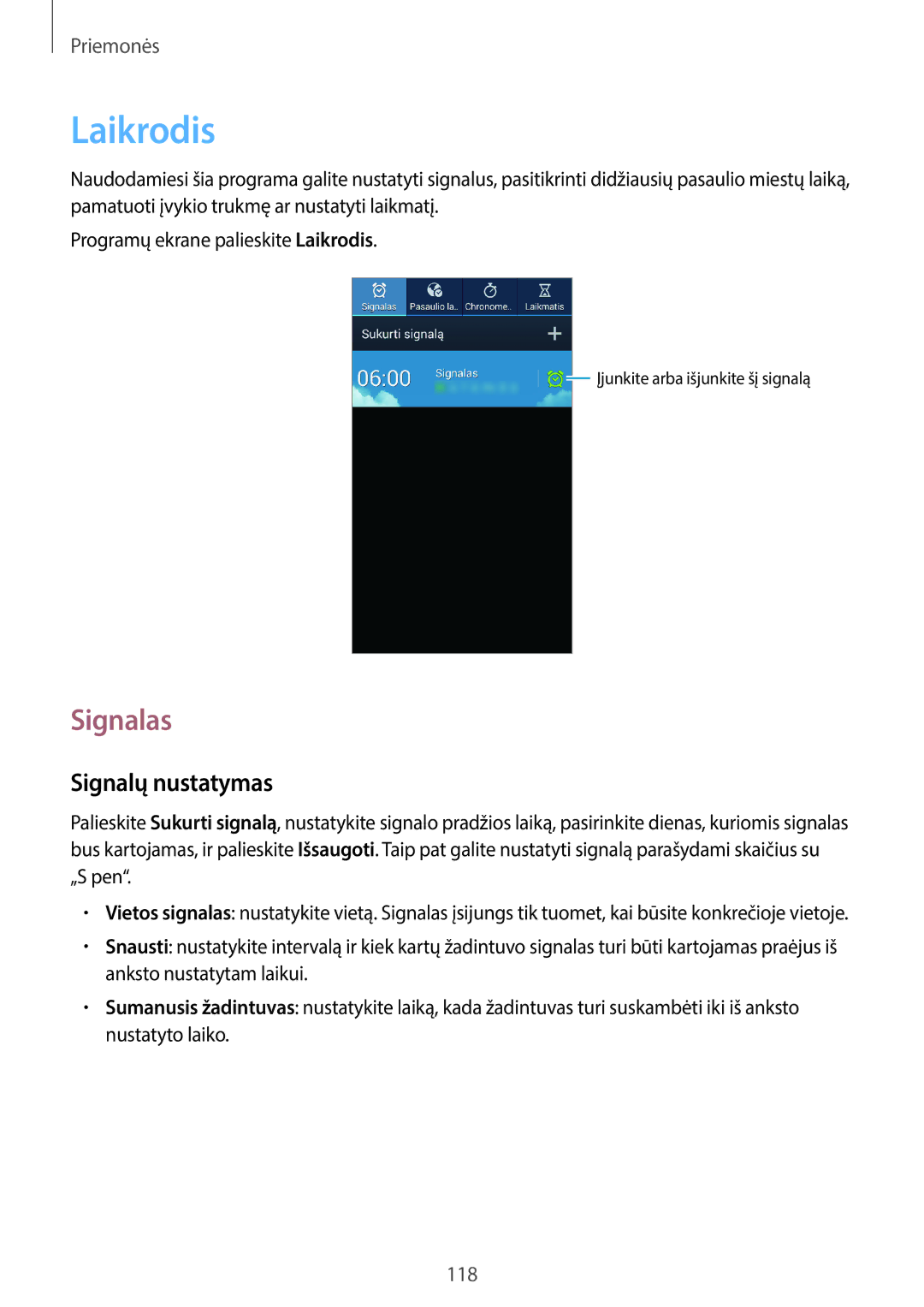 Samsung SM-N7505ZKASEB, SM-N7505ZWASEB manual Laikrodis, Signalas, Signalų nustatymas 