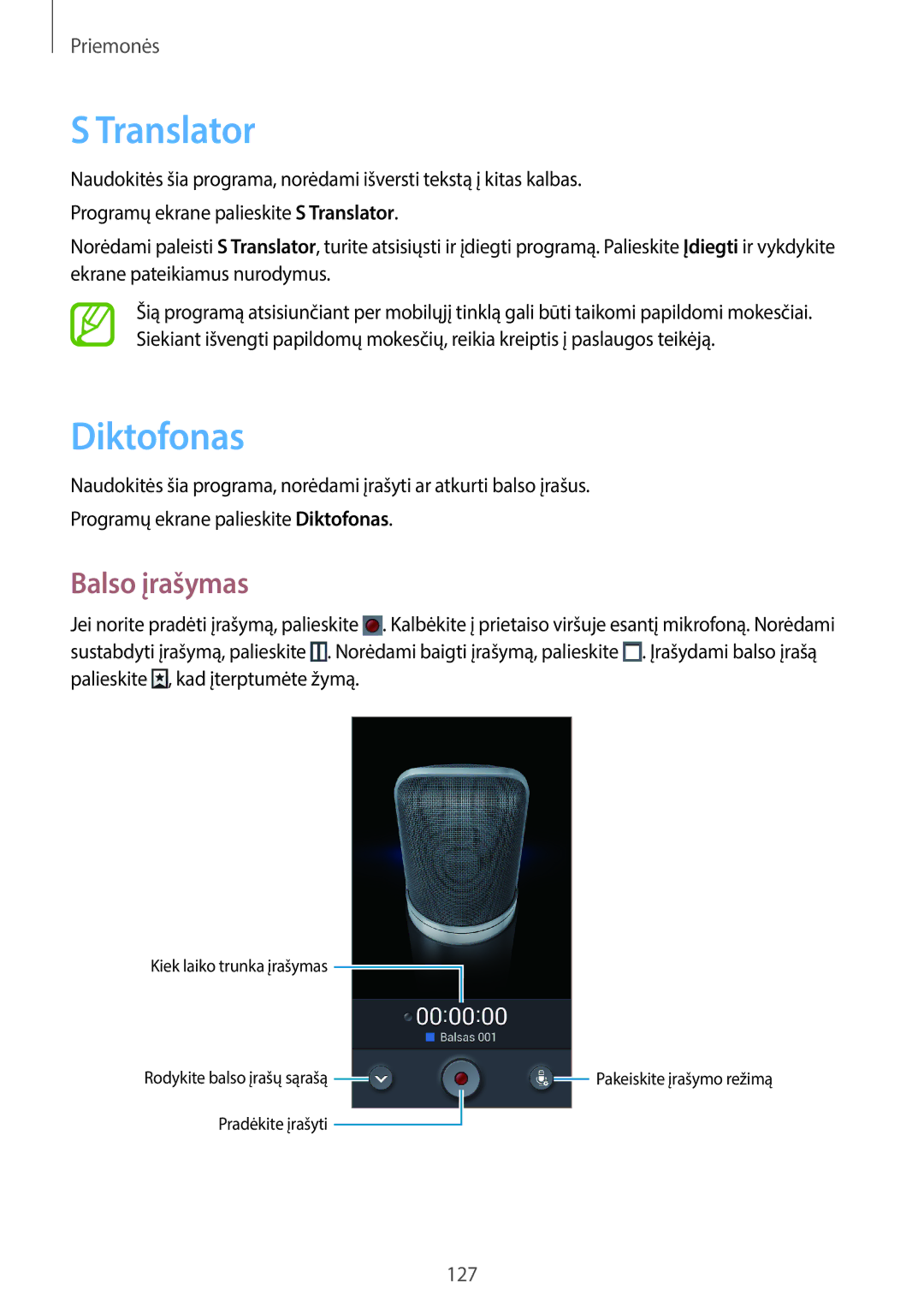 Samsung SM-N7505ZWASEB, SM-N7505ZKASEB manual Translator, Diktofonas, Balso įrašymas 