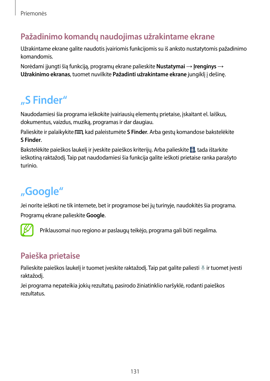 Samsung SM-N7505ZWASEB manual „S Finder, „Google, Pažadinimo komandų naudojimas užrakintame ekrane, Paieška prietaise 